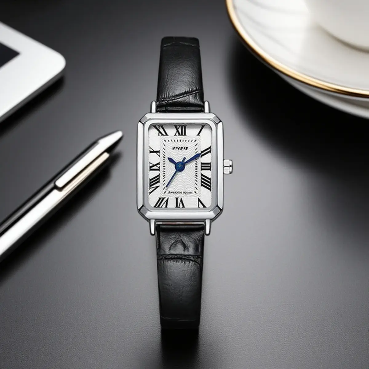 Women's Square Roman Scale Quartz Watch Black Strap — feature 10