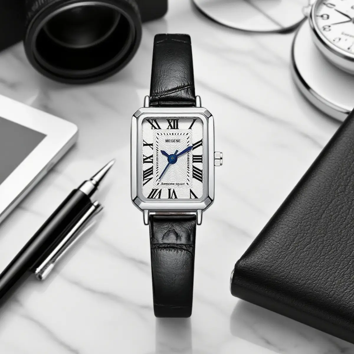 Women's Square Roman Scale Quartz Watch Black Strap — feature 11
