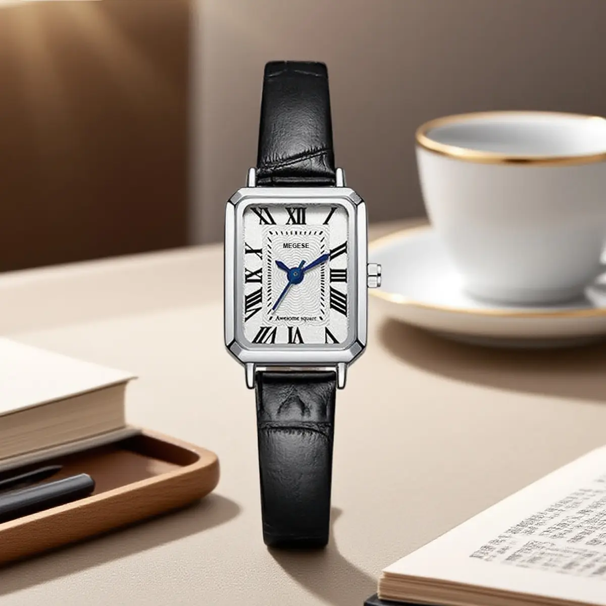 Women's Square Roman Scale Quartz Watch Black Strap — feature 12