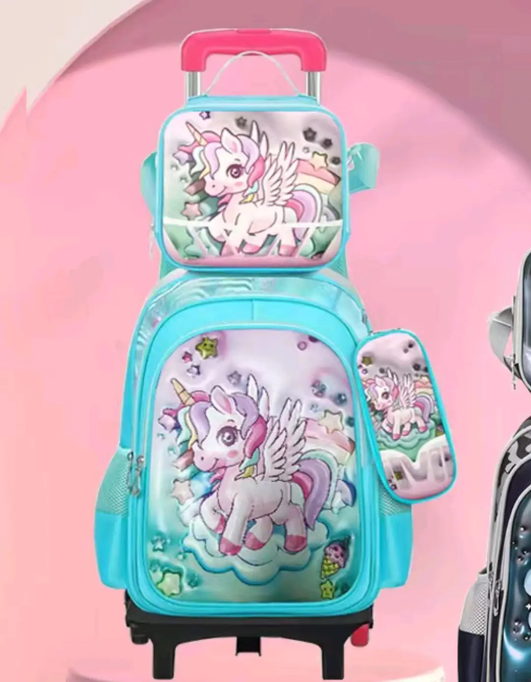 New concave-convex leather material primary school student pull-rod schoolbag 3~6 grade children's cartoon three-piece backpack in stock