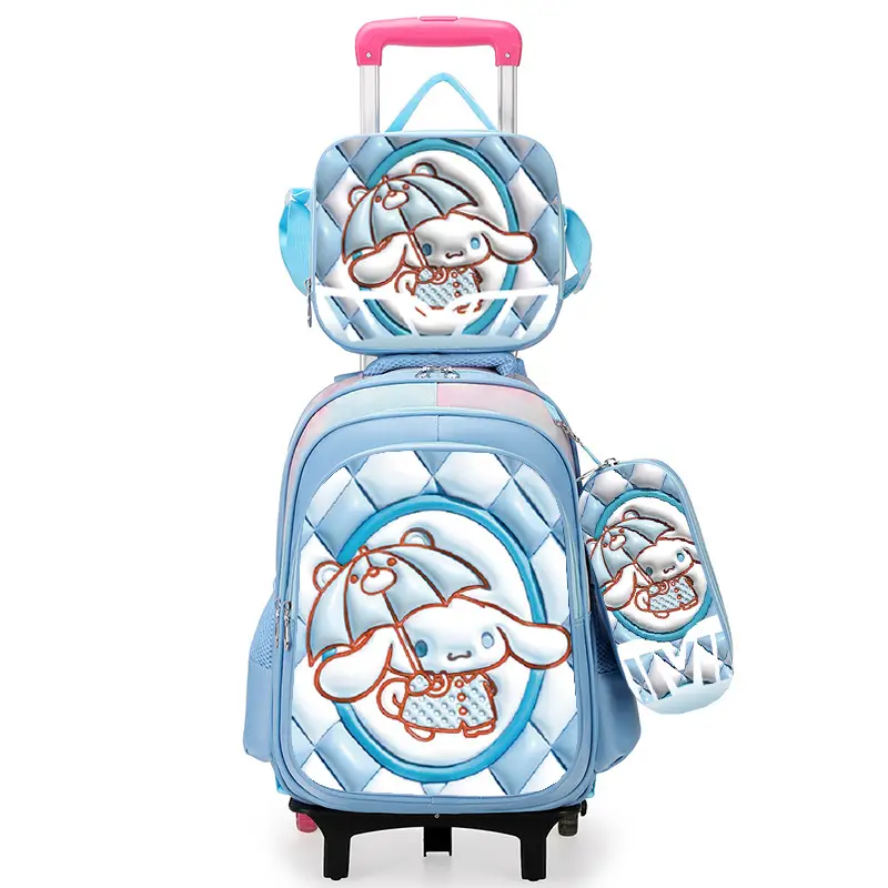New concave-convex leather material primary school student pull-rod schoolbag 3~6 grade children's cartoon three-piece backpack in stock