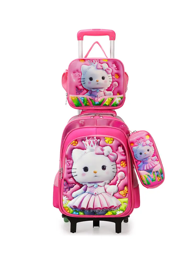 New concave-convex leather material primary school student pull-rod schoolbag 3~6 grade children's cartoon three-piece backpack in stock
