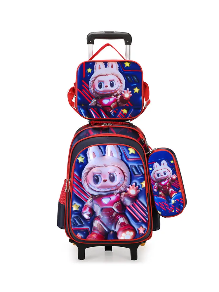 New concave-convex leather material primary school student pull-rod schoolbag 3~6 grade children's cartoon three-piece backpack in stock