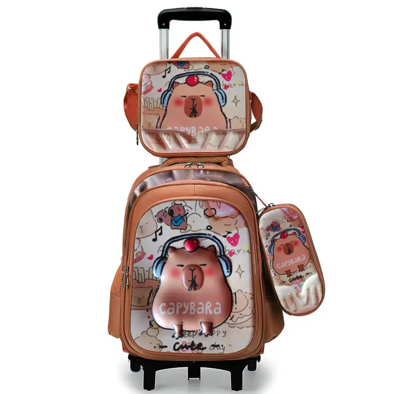New concave-convex leather material primary school student pull-rod schoolbag 3~6 grade children's cartoon three-piece backpack in stock