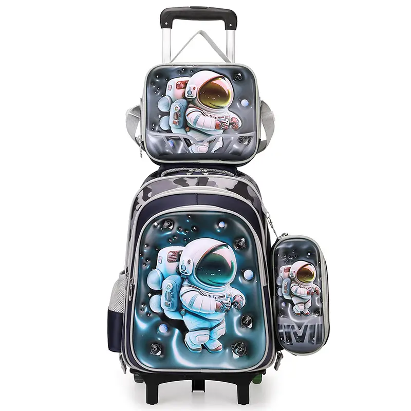 New concave-convex leather material primary school student pull-rod schoolbag 3~6 grade children's cartoon three-piece backpack in stock