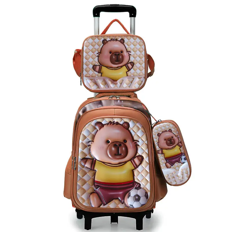 New concave-convex leather material primary school student pull-rod schoolbag 3~6 grade children's cartoon three-piece backpack in stock