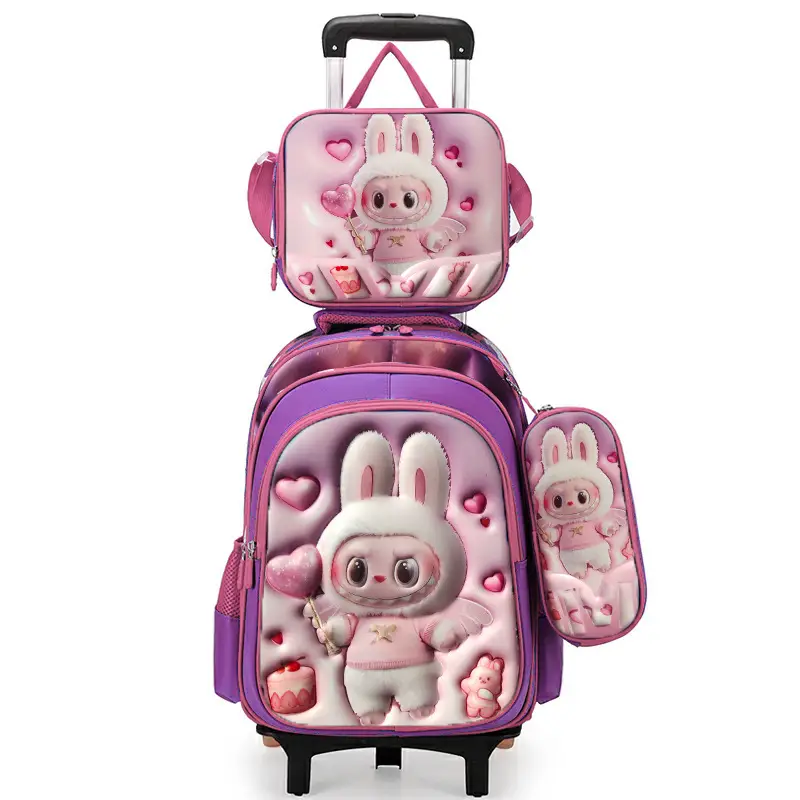 New concave-convex leather material primary school student pull-rod schoolbag 3~6 grade children's cartoon three-piece backpack in stock
