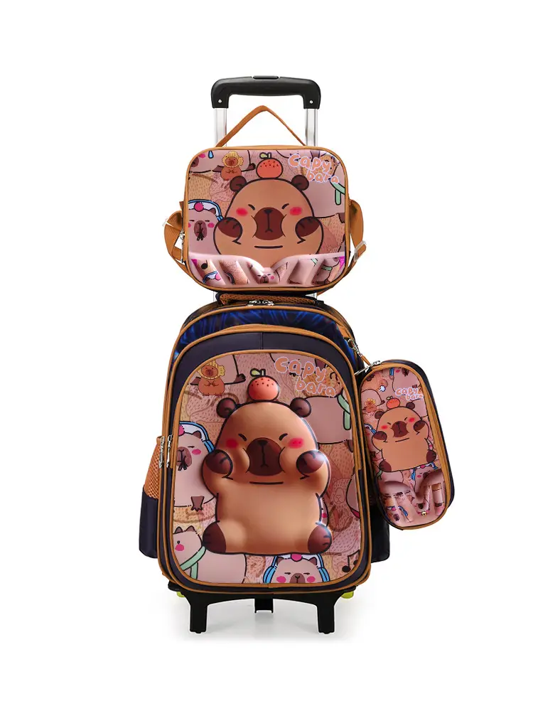 New concave-convex leather material primary school student pull-rod schoolbag 3~6 grade children's cartoon three-piece backpack in stock