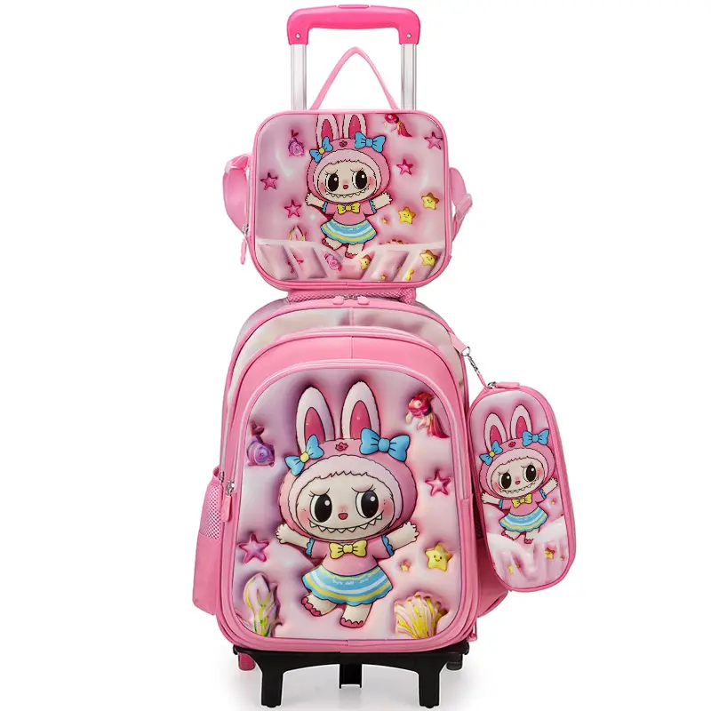 New concave-convex leather material primary school student pull-rod schoolbag 3~6 grade children's cartoon three-piece backpack in stock