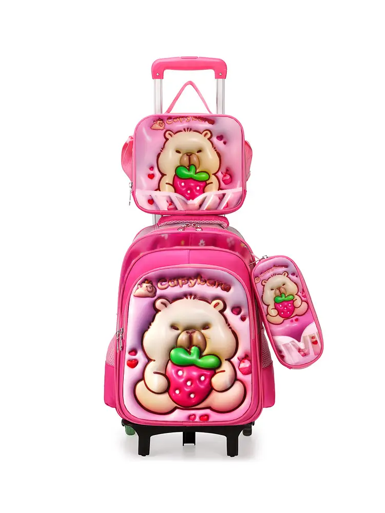 New concave-convex leather material primary school student pull-rod schoolbag 3~6 grade children's cartoon three-piece backpack in stock