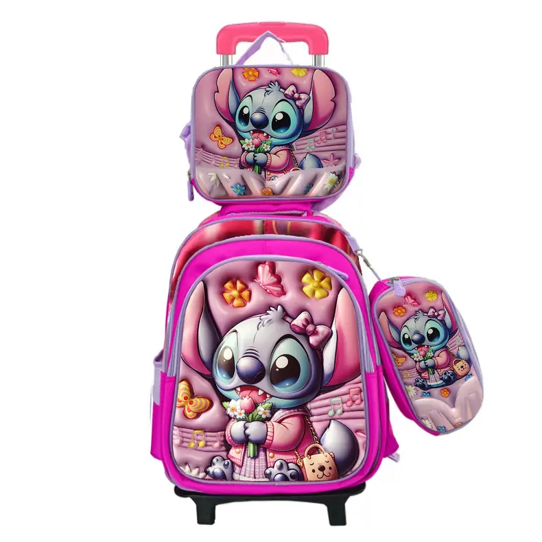 New concave-convex leather material primary school student pull-rod schoolbag 3~6 grade children's cartoon three-piece backpack in stock