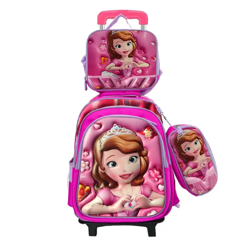 New concave-convex leather material primary school student pull-rod schoolbag 3~6 grade children's cartoon three-piece backpack in stock