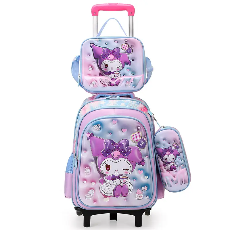 New concave-convex leather material primary school student pull-rod schoolbag 3~6 grade children's cartoon three-piece backpack in stock