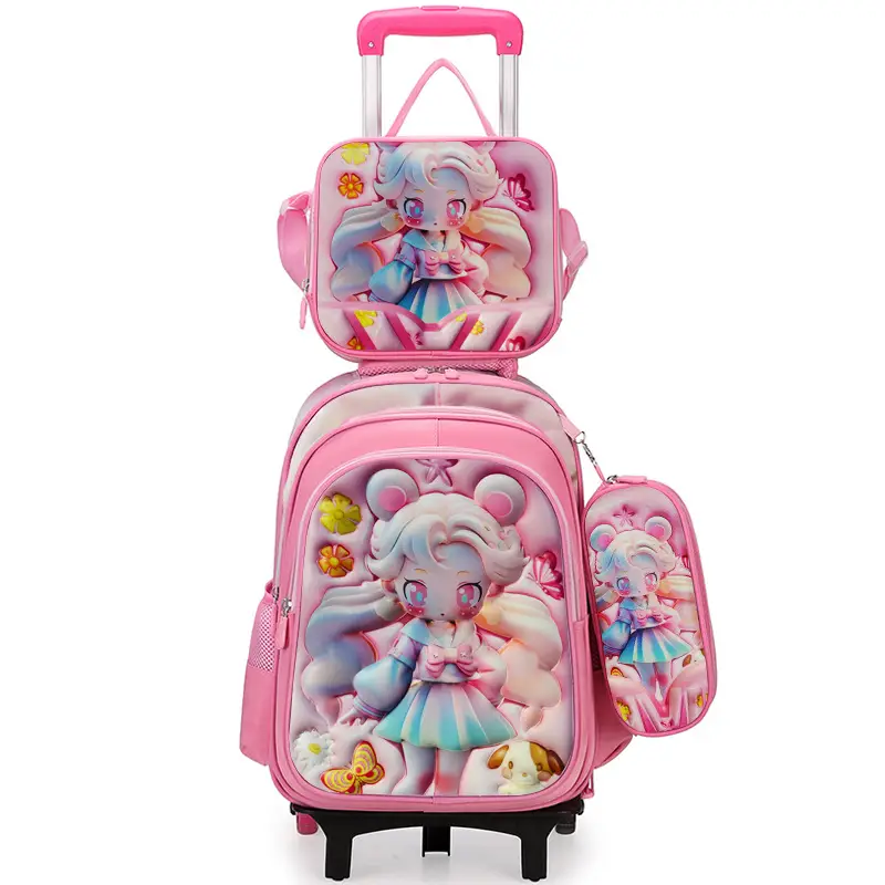 New concave-convex leather material primary school student pull-rod schoolbag 3~6 grade children's cartoon three-piece backpack in stock