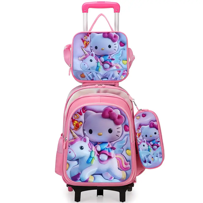 New concave-convex leather material primary school student pull-rod schoolbag 3~6 grade children's cartoon three-piece backpack in stock