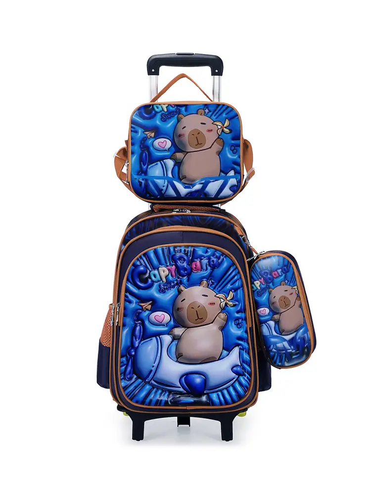New concave-convex leather material primary school student pull-rod schoolbag 3~6 grade children's cartoon three-piece backpack in stock