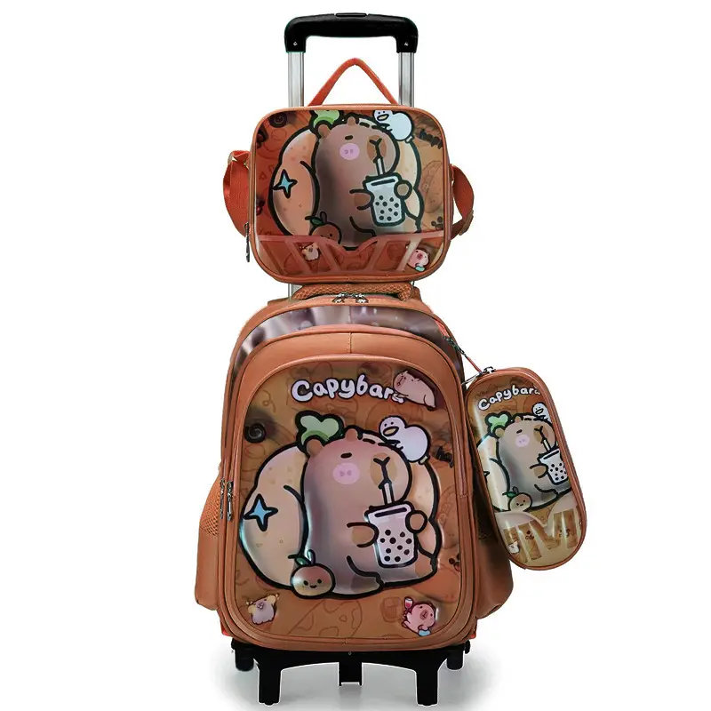 New concave-convex leather material primary school student pull-rod schoolbag 3~6 grade children's cartoon three-piece backpack in stock