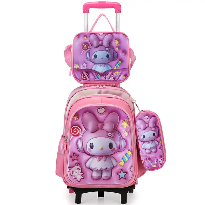 New concave-convex leather material primary school student pull-rod schoolbag 3~6 grade children's cartoon three-piece backpack in stock