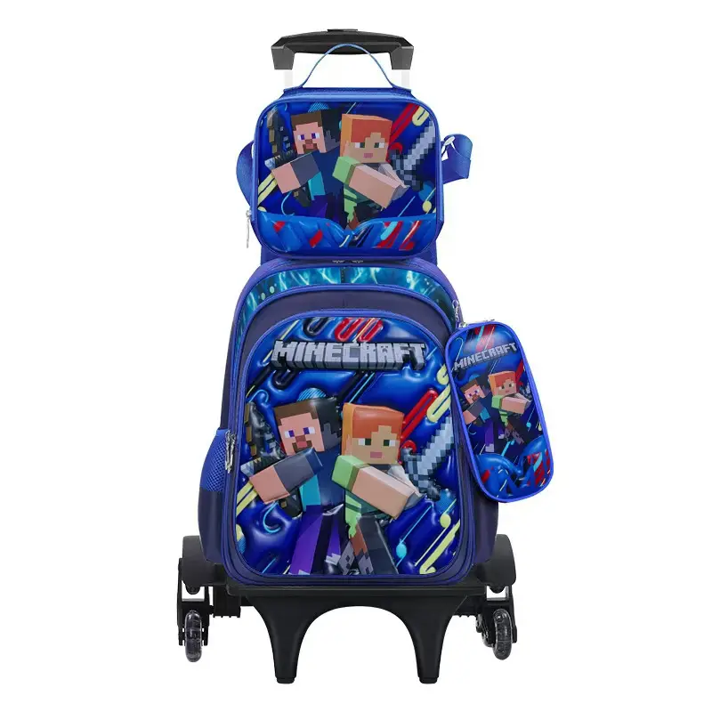 New concave-convex leather material primary school student pull-rod schoolbag 3~6 grade children's cartoon three-piece backpack in stock