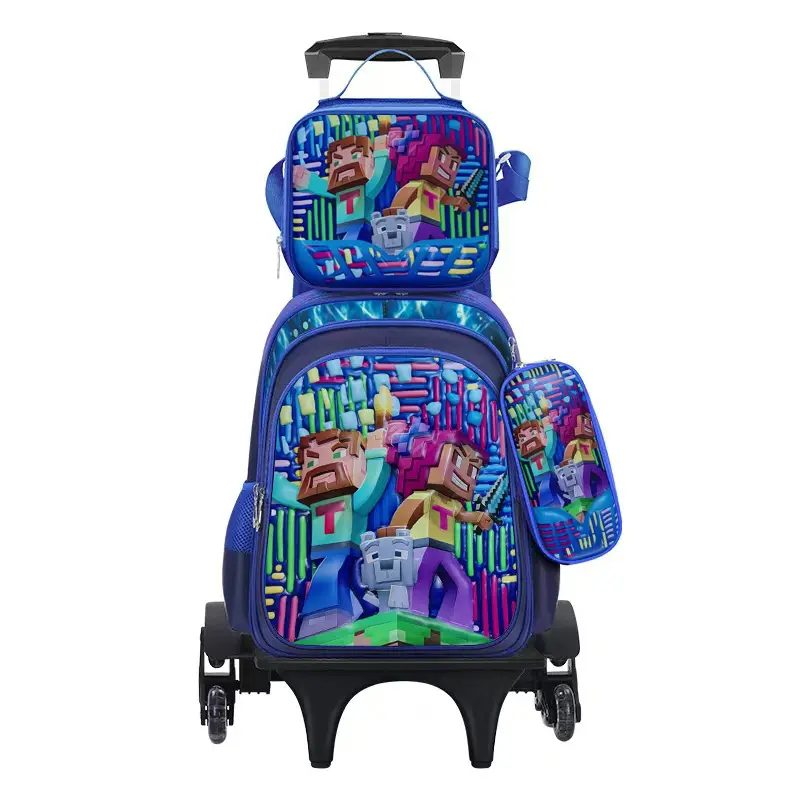 New concave-convex leather material primary school student pull-rod schoolbag 3~6 grade children's cartoon three-piece backpack in stock