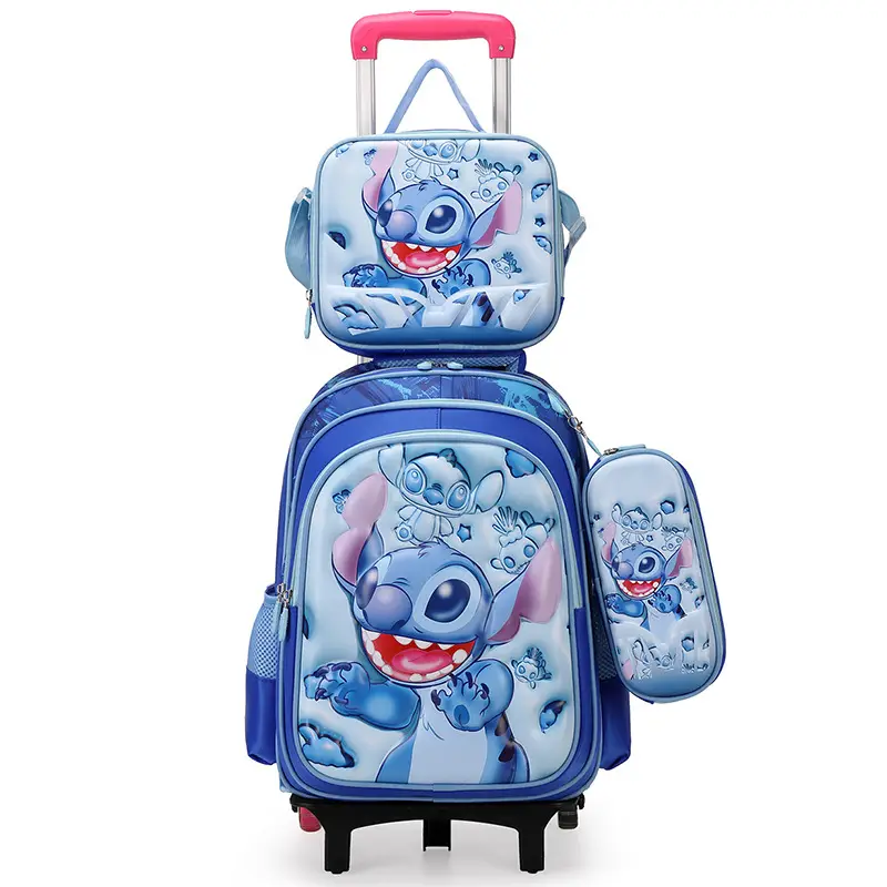New concave-convex leather material primary school student pull-rod schoolbag 3~6 grade children's cartoon three-piece backpack in stock