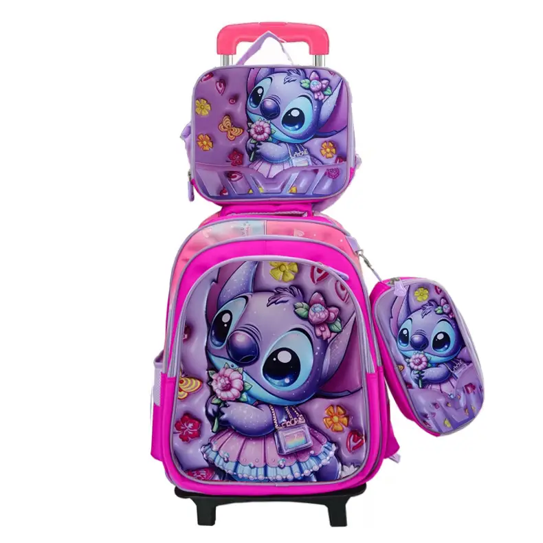 New concave-convex leather material primary school student pull-rod schoolbag 3~6 grade children's cartoon three-piece backpack in stock