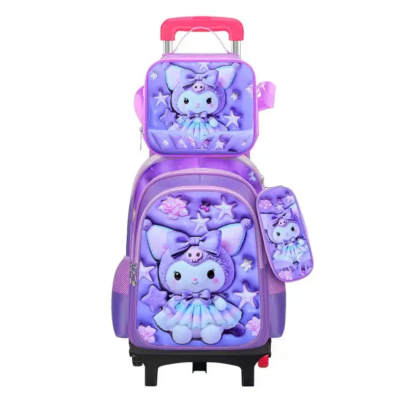 New concave-convex leather material primary school student pull-rod schoolbag 3~6 grade children's cartoon three-piece backpack in stock