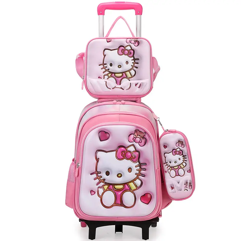 New concave-convex leather material primary school student pull-rod schoolbag 3~6 grade children's cartoon three-piece backpack in stock