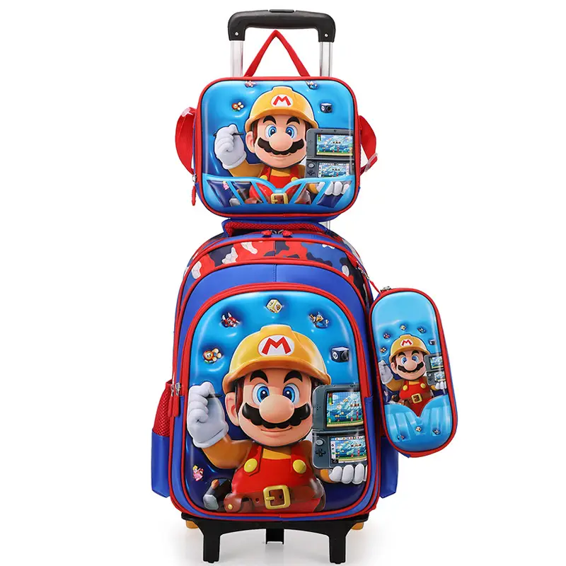 New concave-convex leather material primary school student pull-rod schoolbag 3~6 grade children's cartoon three-piece backpack in stock