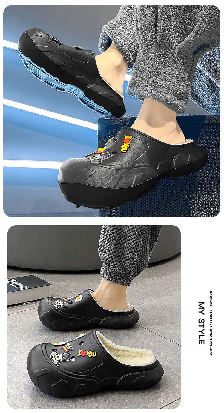 Cotton Slippers Men's Winter New Casual Outdoor Dung Feeling fleece-lined Thickened Warm Slip-on Slip-on Slippers — feature 10