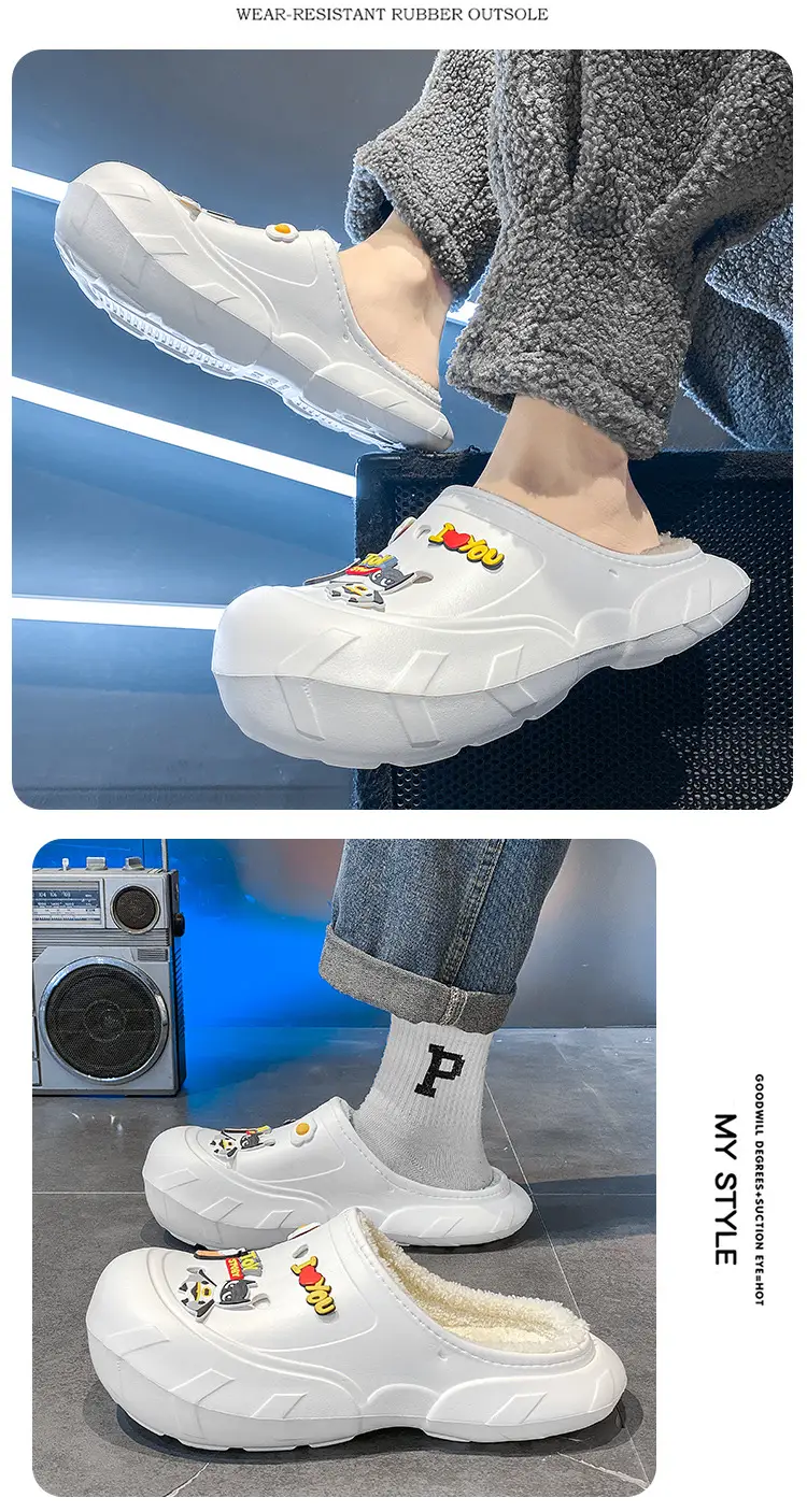 Cotton Slippers Men's Winter New Casual Outdoor Dung Feeling fleece-lined Thickened Warm Slip-on Slip-on Slippers — feature 12