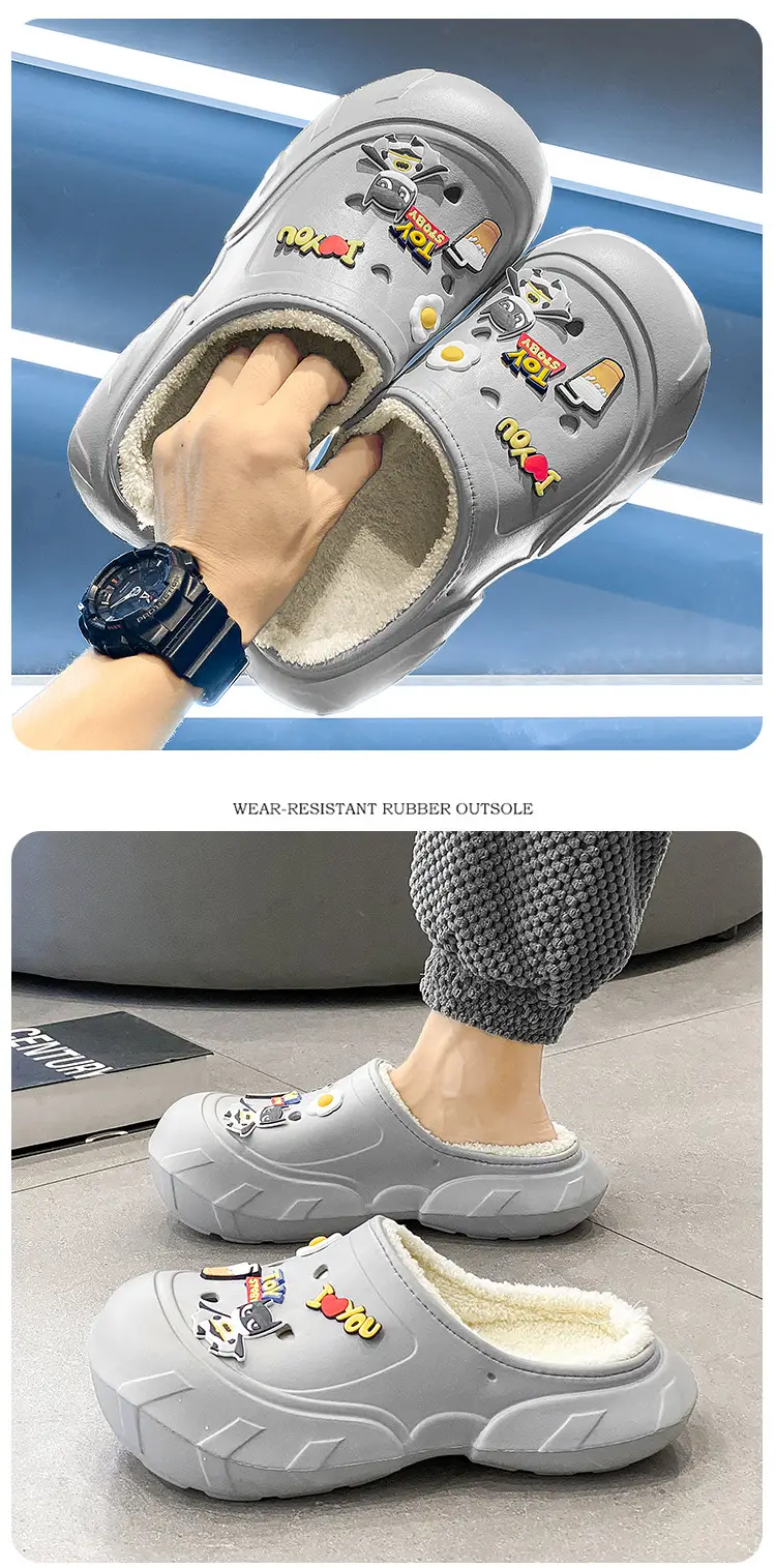 Cotton Slippers Men's Winter New Casual Outdoor Dung Feeling fleece-lined Thickened Warm Slip-on Slip-on Slippers — feature 15