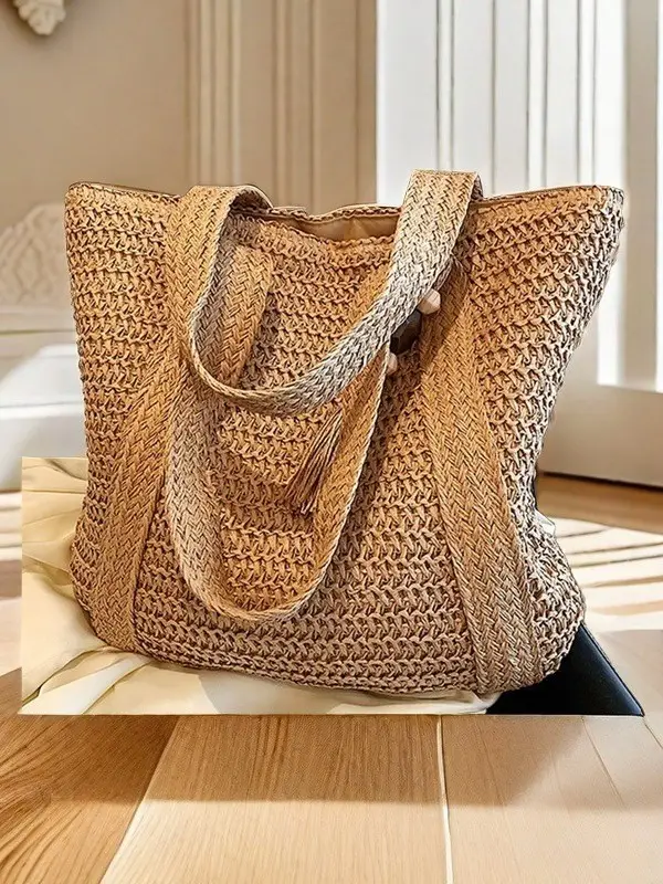 Green Woven Bucket Bag for Women Beach Travel