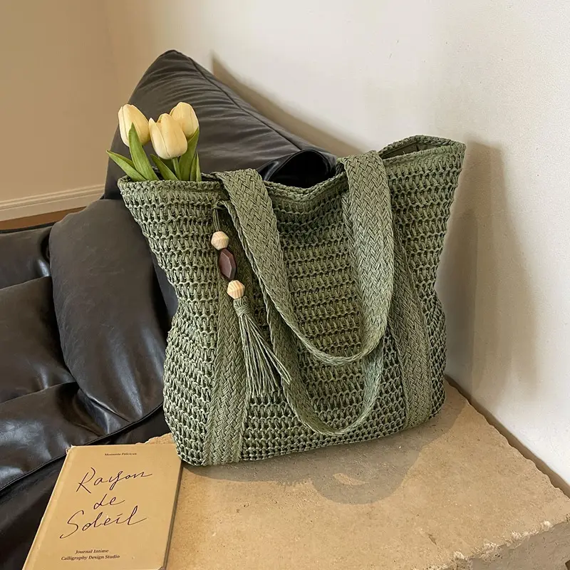Green Woven Bucket Bag for Women Beach Travel — feature 8