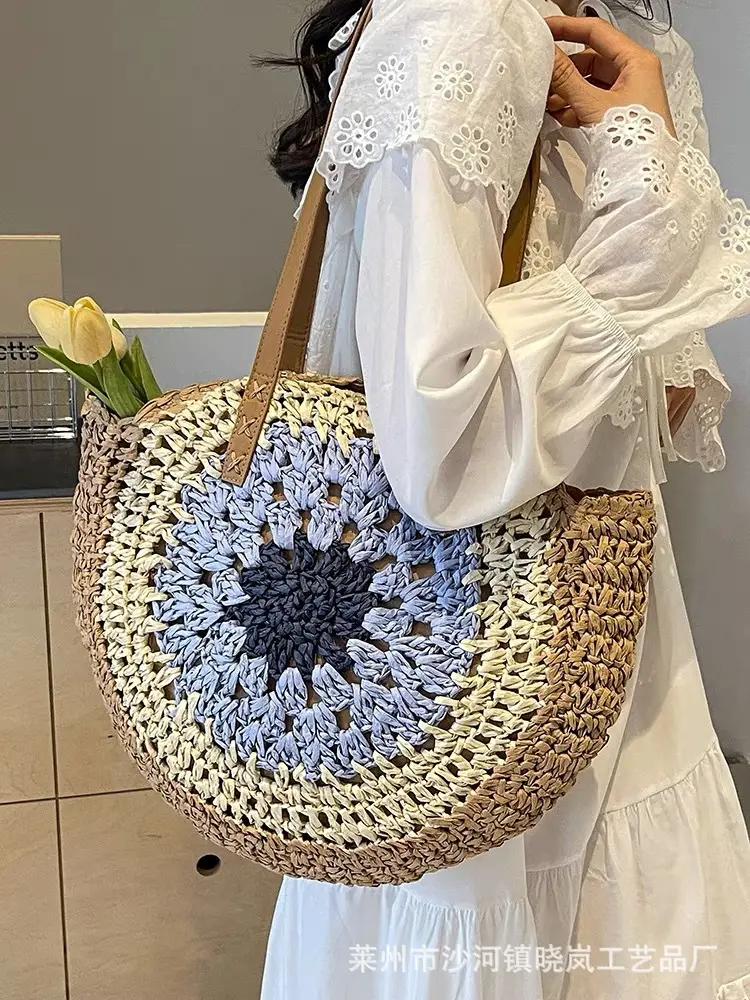 2024 Paper Rope Hollow Colorful Large Round Straw Woven Beach Bag - Image 6