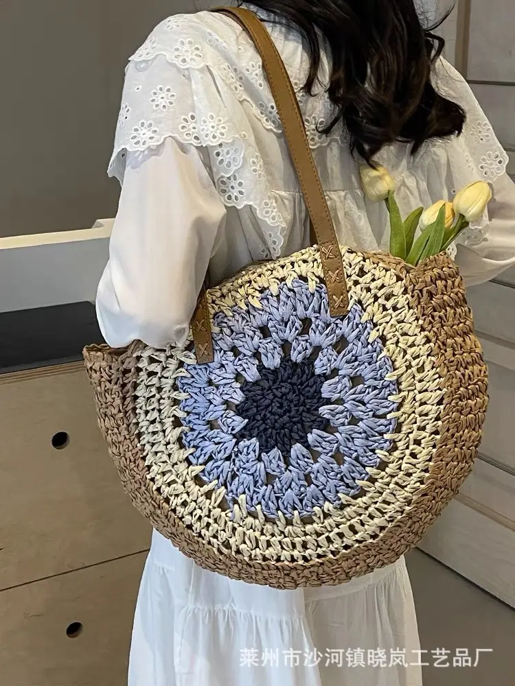 2024 Paper Rope Hollow Colorful Large Round Straw Woven Beach Bag - Image 7