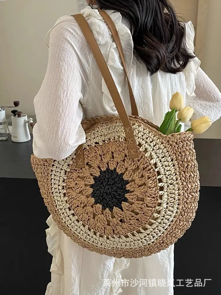 2024 Paper Rope Hollow Colorful Large Round Straw Woven Beach Bag - Image 8