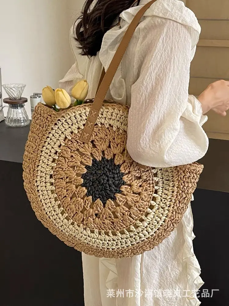 2024 Paper Rope Hollow Colorful Large Round Straw Woven Beach Bag - Image 9