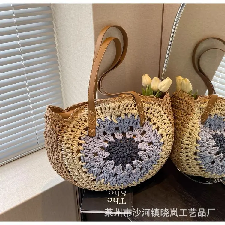 2024 Paper Rope Hollow Colorful Large Round Straw Woven Beach Bag — feature 10