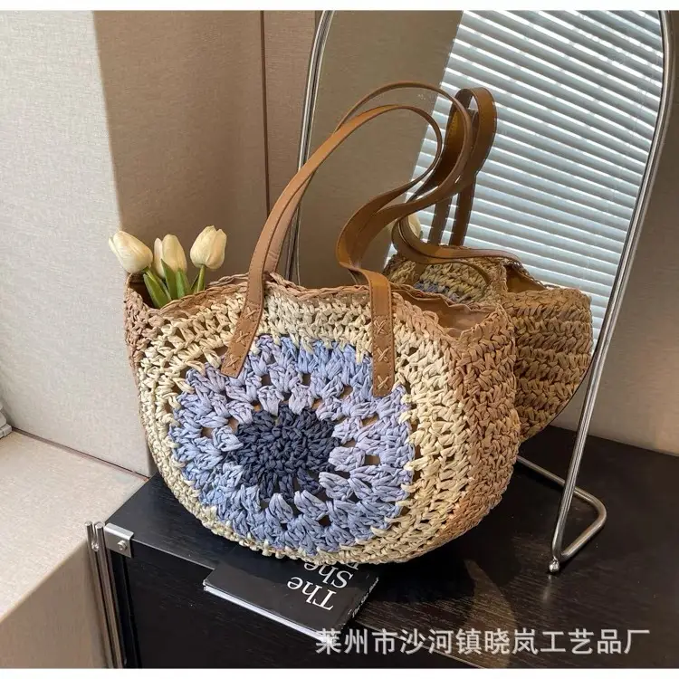 2024 Paper Rope Hollow Colorful Large Round Straw Woven Beach Bag — feature 11