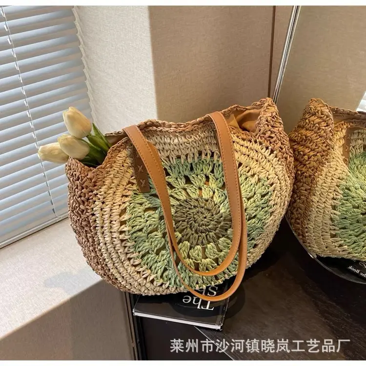 2024 Paper Rope Hollow Colorful Large Round Straw Woven Beach Bag — feature 14