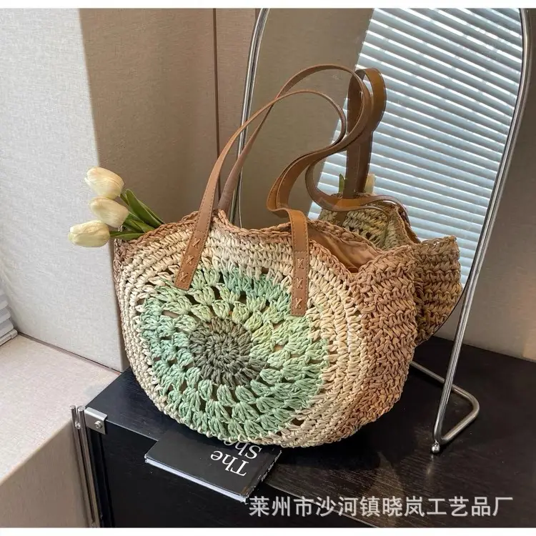 2024 Paper Rope Hollow Colorful Large Round Straw Woven Beach Bag — feature 15