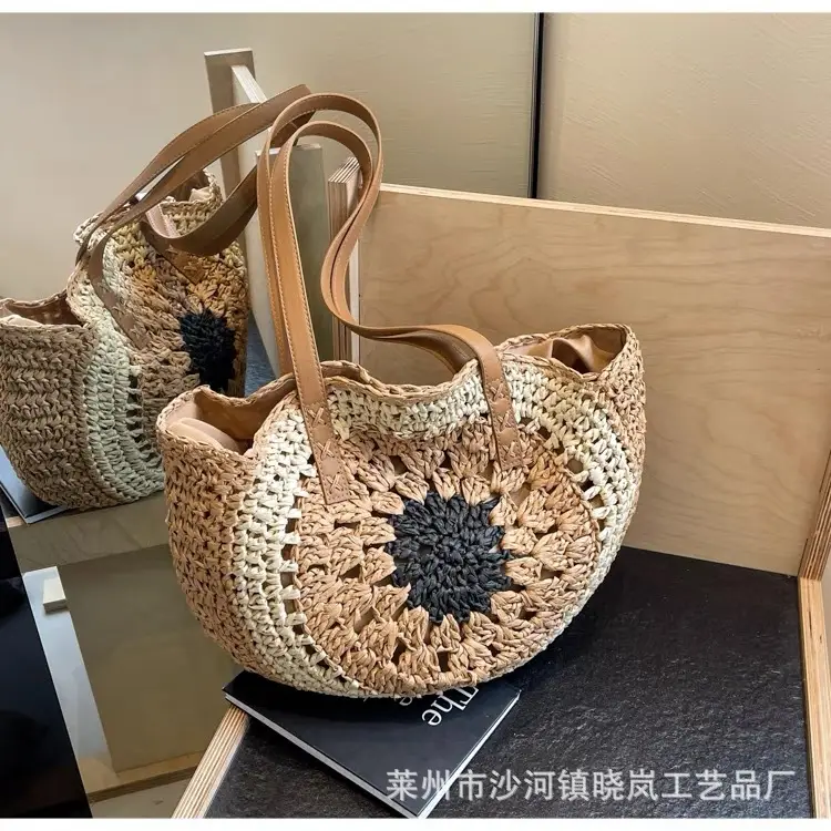 2024 Paper Rope Hollow Colorful Large Round Straw Woven Beach Bag — feature 16