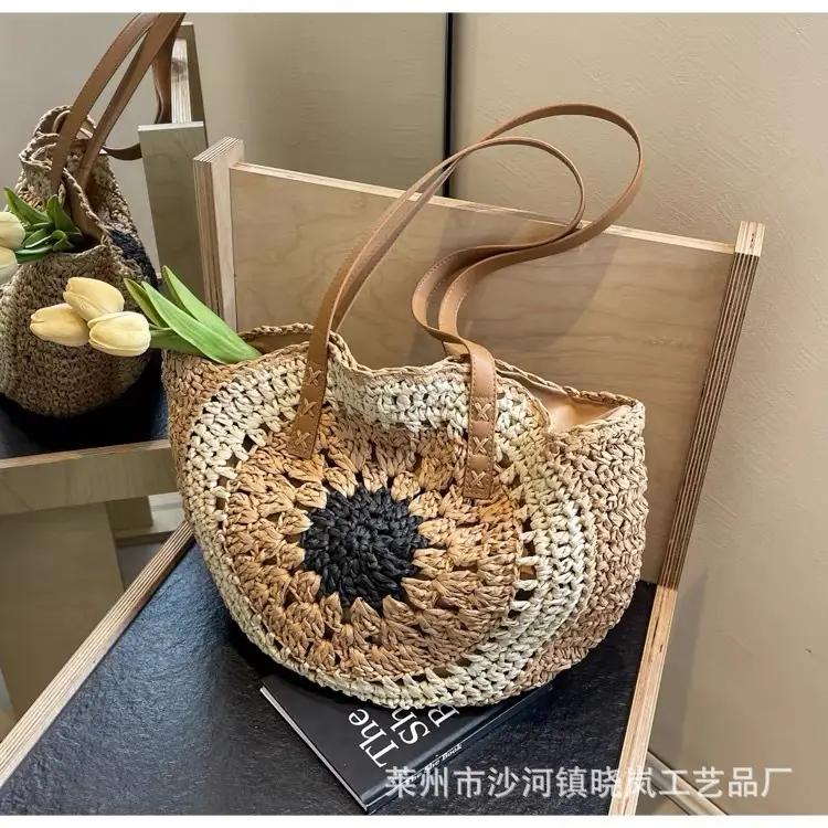 2024 Paper Rope Hollow Colorful Large Round Straw Woven Beach Bag — feature 17