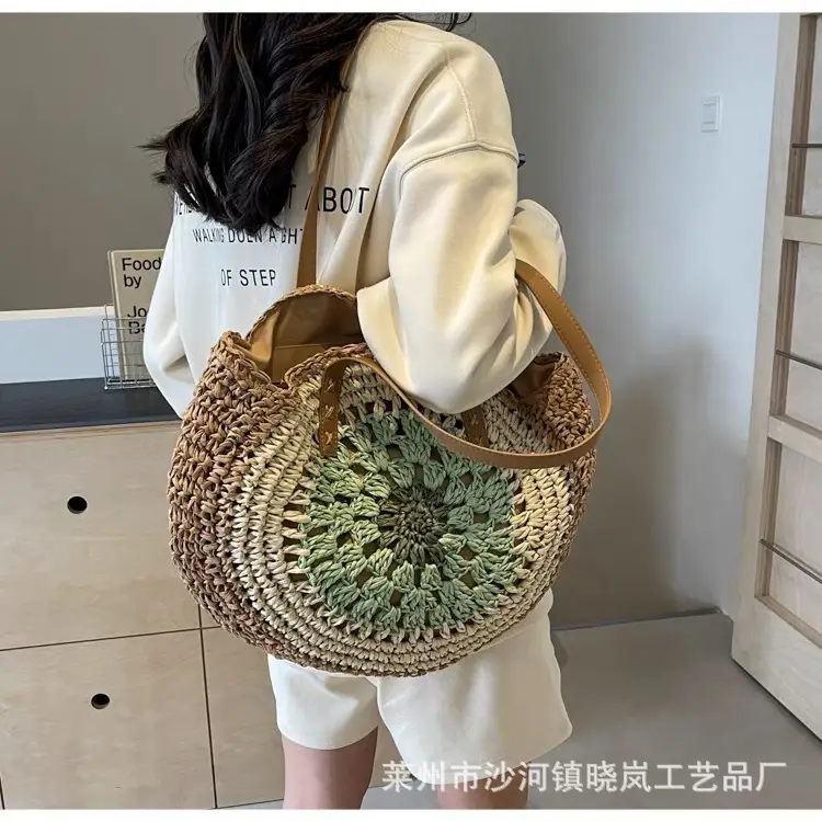 2024 Paper Rope Hollow Colorful Large Round Straw Woven Beach Bag — feature 19