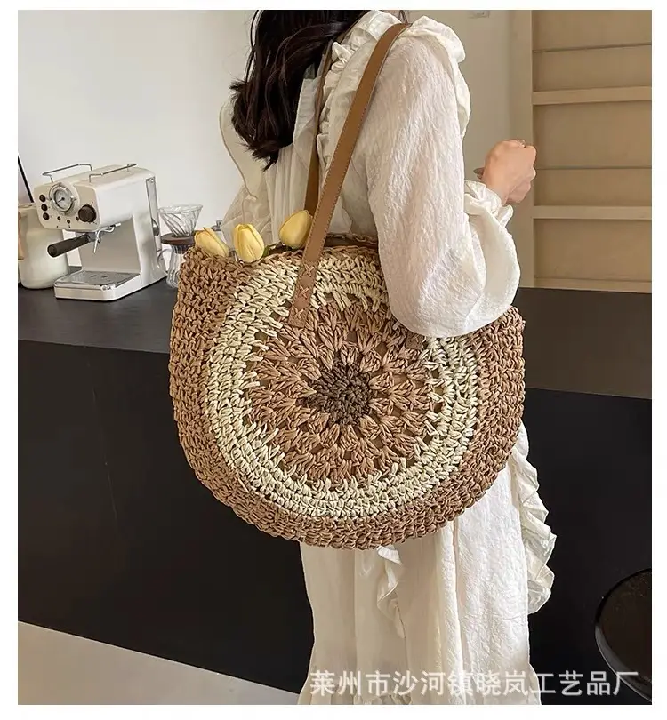 2024 Paper Rope Hollow Colorful Large Round Straw Woven Beach Bag — feature 2