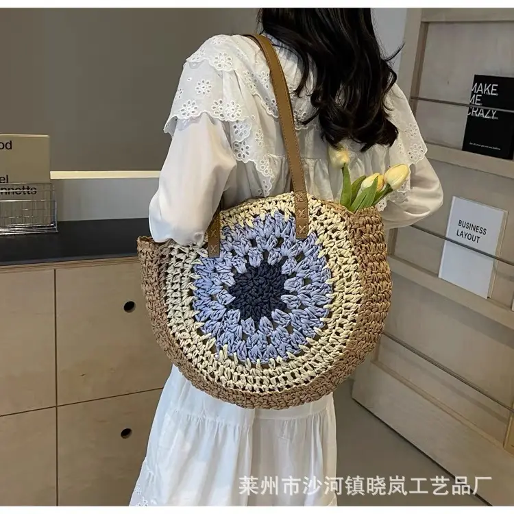 2024 Paper Rope Hollow Colorful Large Round Straw Woven Beach Bag — feature 20