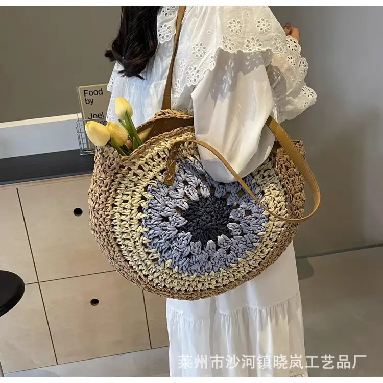 2024 Paper Rope Hollow Colorful Large Round Straw Woven Beach Bag — feature 21