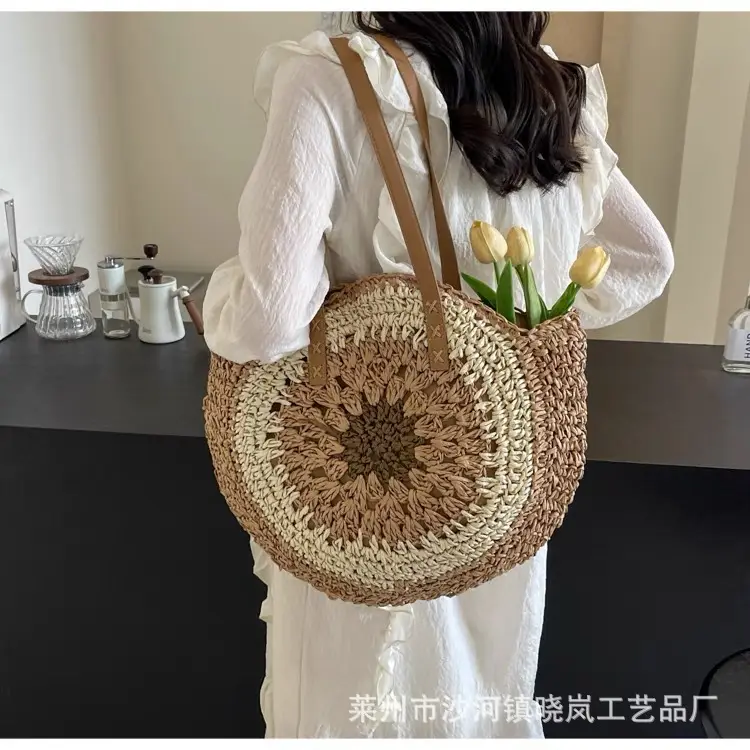 2024 Paper Rope Hollow Colorful Large Round Straw Woven Beach Bag — feature 22
