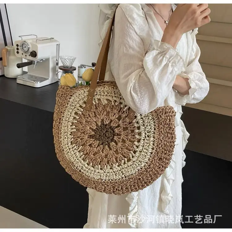 2024 Paper Rope Hollow Colorful Large Round Straw Woven Beach Bag — feature 23